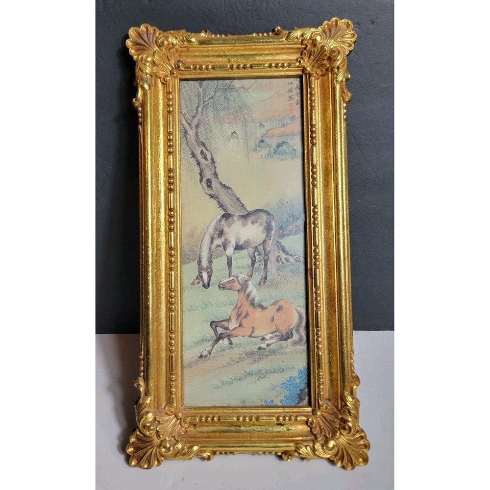 Vintage Chinese Watercolor Painting Two Horses Landscape Ornate Gilded Frame